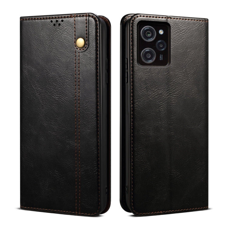 Black Crazy Horse texture leather folio phone case with side button, camera cutouts, stitched trim