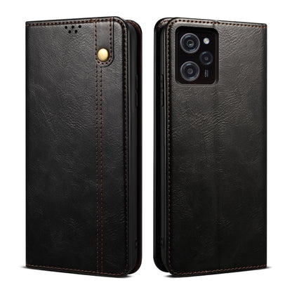 Black Crazy Horse texture leather folio phone case with side button, camera cutouts, stitched trim