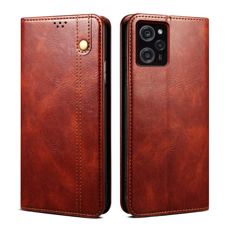Brown crazy horse leather phone case with gold button, dual camera cutout