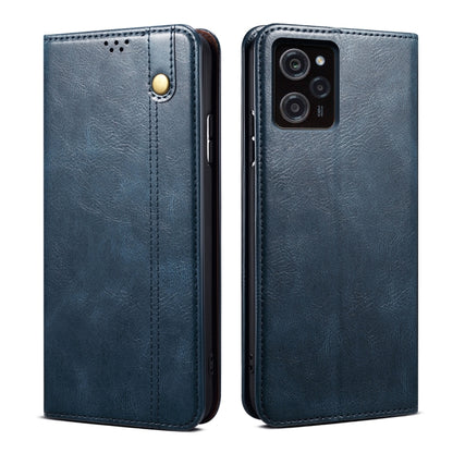 Blue crazy horse leather phone case with gold button, dual camera cutout