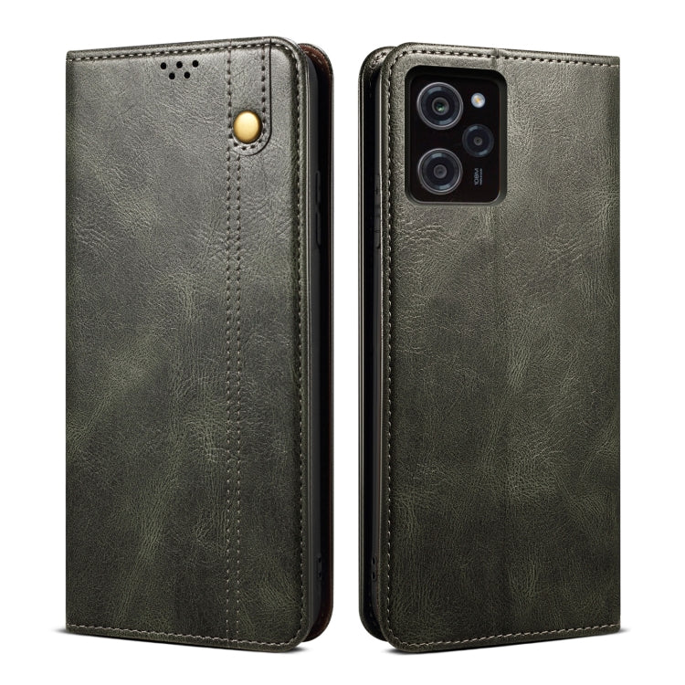 Green crazy horse leather phone case with gold button, dual camera cutout