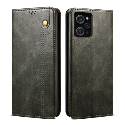 Green crazy horse leather phone case with gold button, dual camera cutout