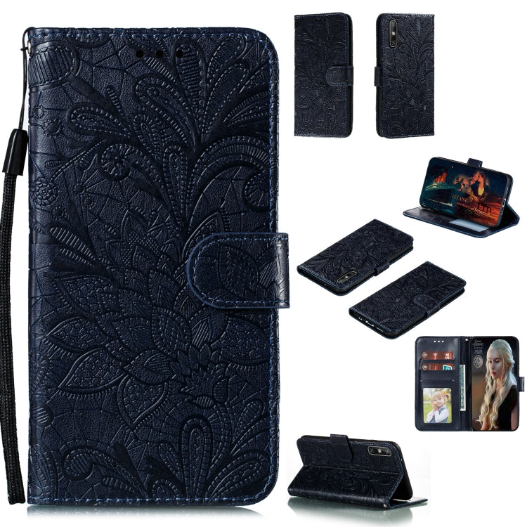 Embossed floral leather phone case with flip cover and lanyard strap, dark blue/black