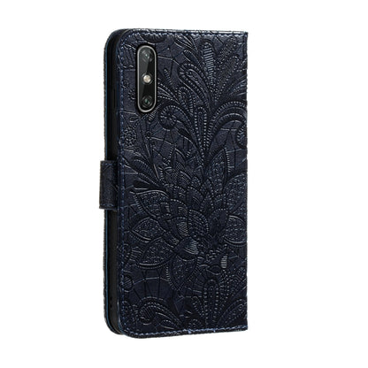 Embossed floral leather phone case with side strap, dark blue/black