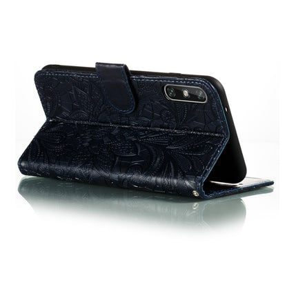 Embossed floral leather phone case in stand-up flip style, dark blue/black