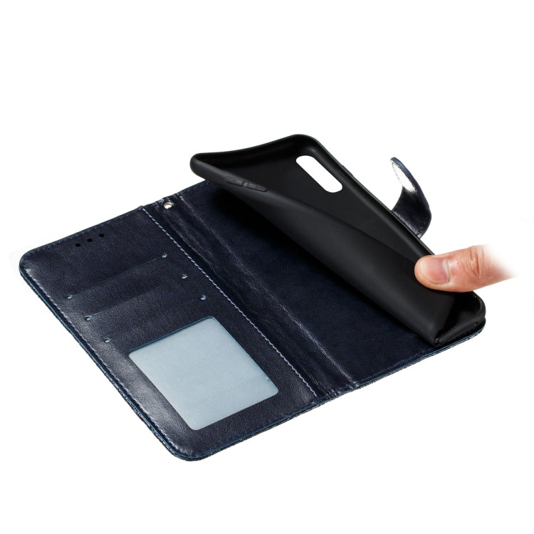 Leather phone case with card slot pocket and phone holder flap, dark blue/black