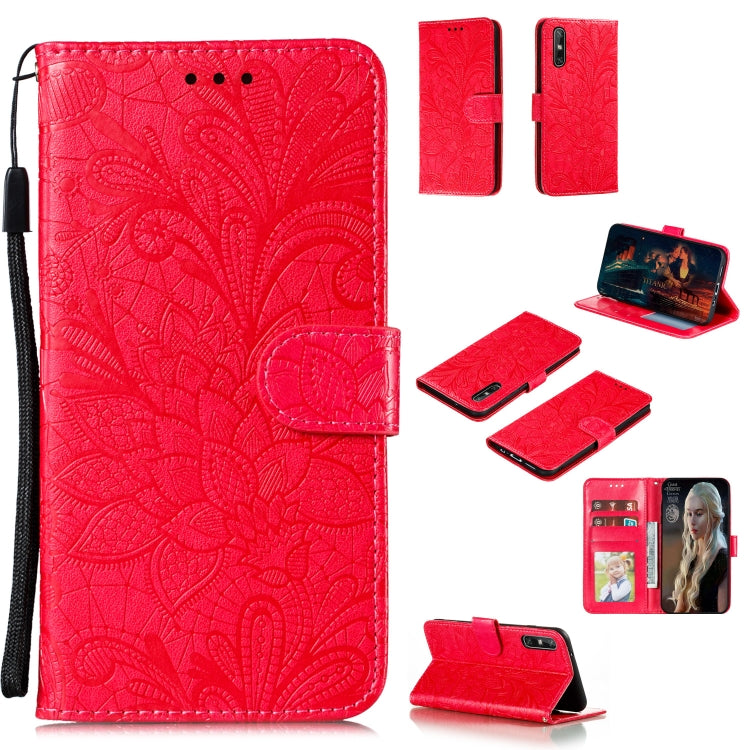 Embossed floral leather phone case with flip cover and lanyard strap, bright red