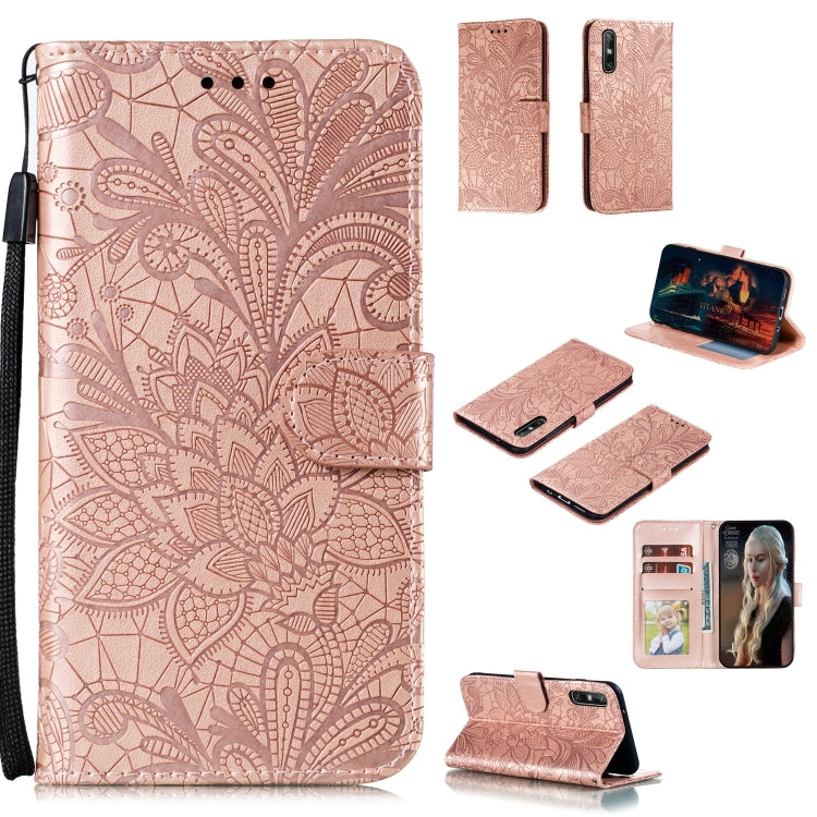 Embossed floral leather phone case with flip cover and lanyard strap, rose pink