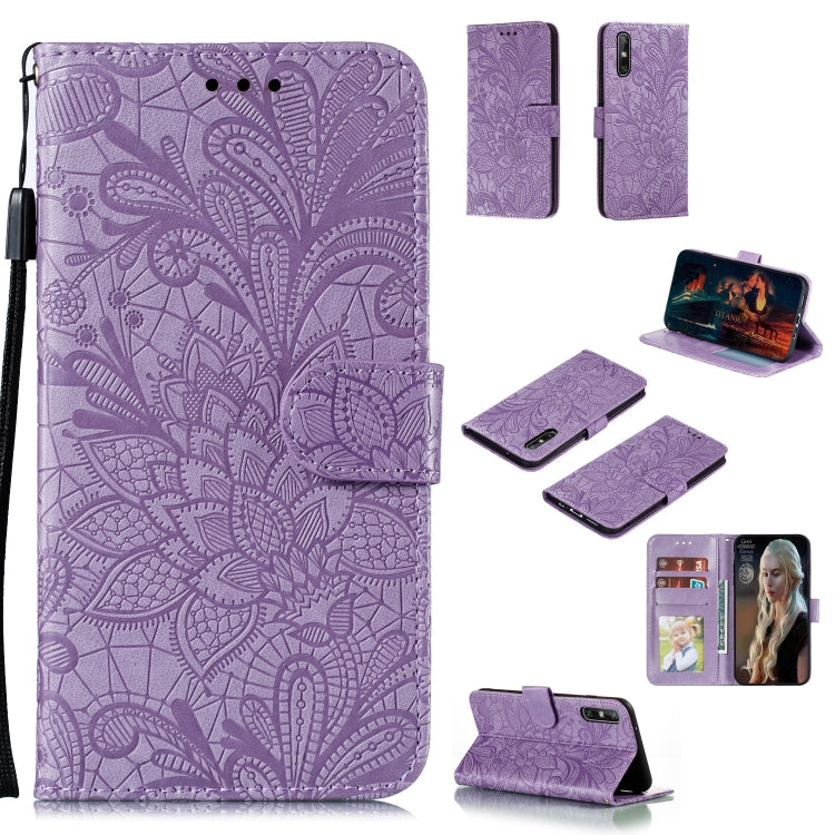 Purple embossed floral leather phone wallet case with card slots and photo window, strap