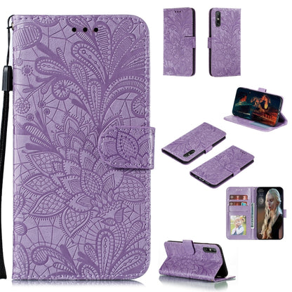 Purple embossed floral leather phone wallet case with card slots and photo window, strap