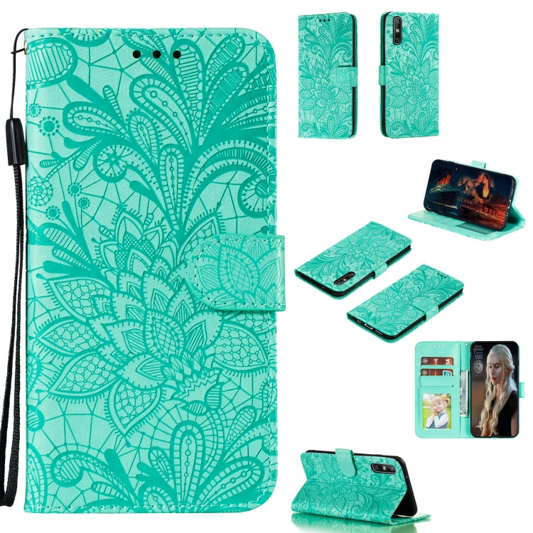 Teal embossed floral leather phone wallet case with card slots and photo window, strap