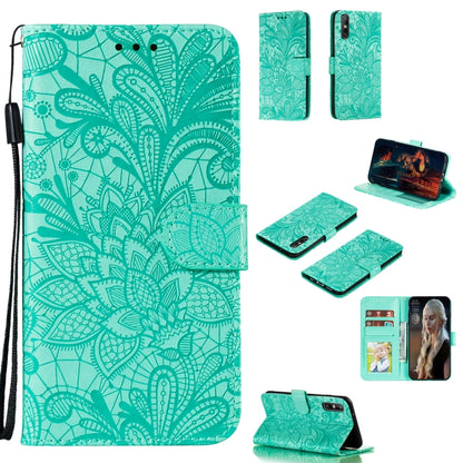 Teal embossed floral leather phone wallet case with card slots and photo window, strap