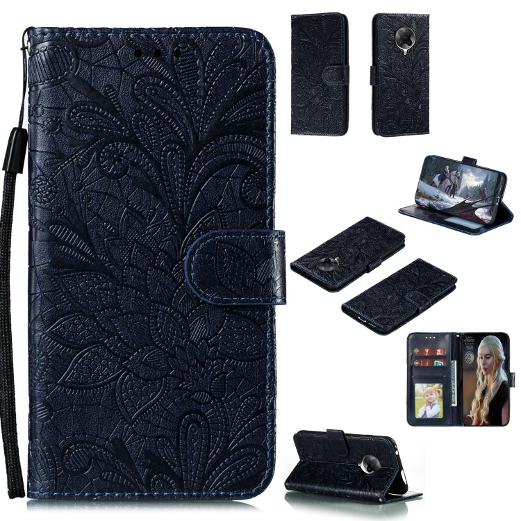 Dark blue embossed floral leather phone wallet case with card slots and photo window, strap