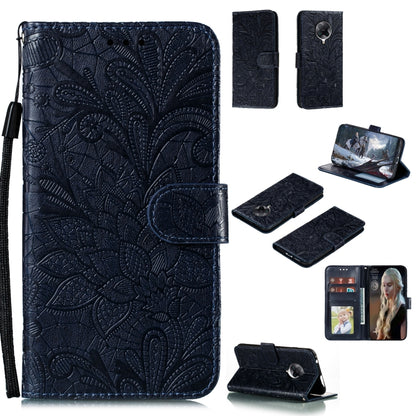 Dark blue embossed floral leather phone wallet case with card slots and photo window, strap