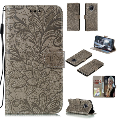 Beige embossed floral leather phone wallet case with card slots and photo window, strap