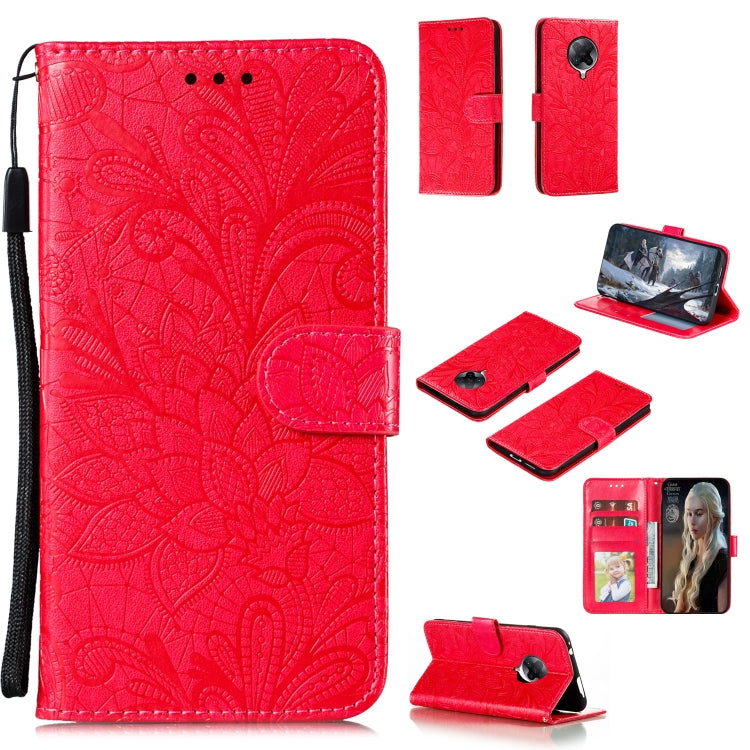 Red embossed floral leather phone wallet case with card slots and photo window, strap