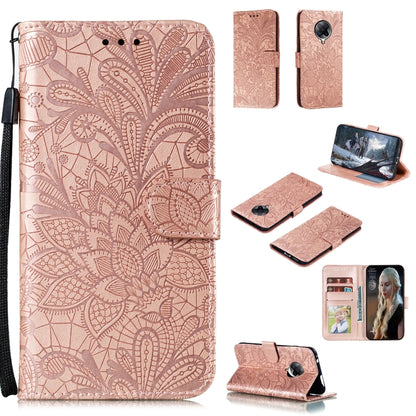 Rose gold embossed floral leather phone wallet case with card slots and photo window, strap