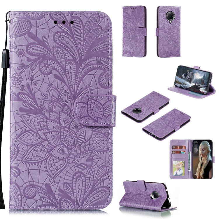 Lavender embossed floral leather phone wallet case with card slots and photo window, strap