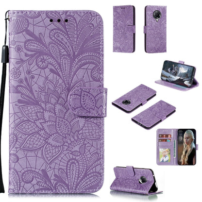 Lavender embossed floral leather phone wallet case with card slots and photo window, strap
