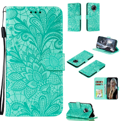 Turquoise embossed floral leather phone wallet case with card slots and photo window, strap