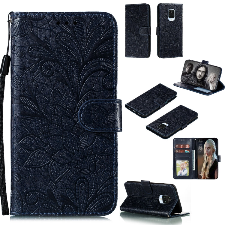 Dark blue embossed lace floral leather flip phone wallet case with card slots and strap