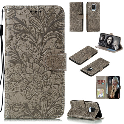 Beige embossed lace floral leather flip phone wallet case with card slots and wrist strap