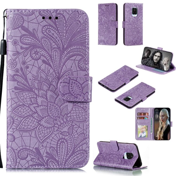 Embossed floral wallet phone case with card slots and lanyard, purple
