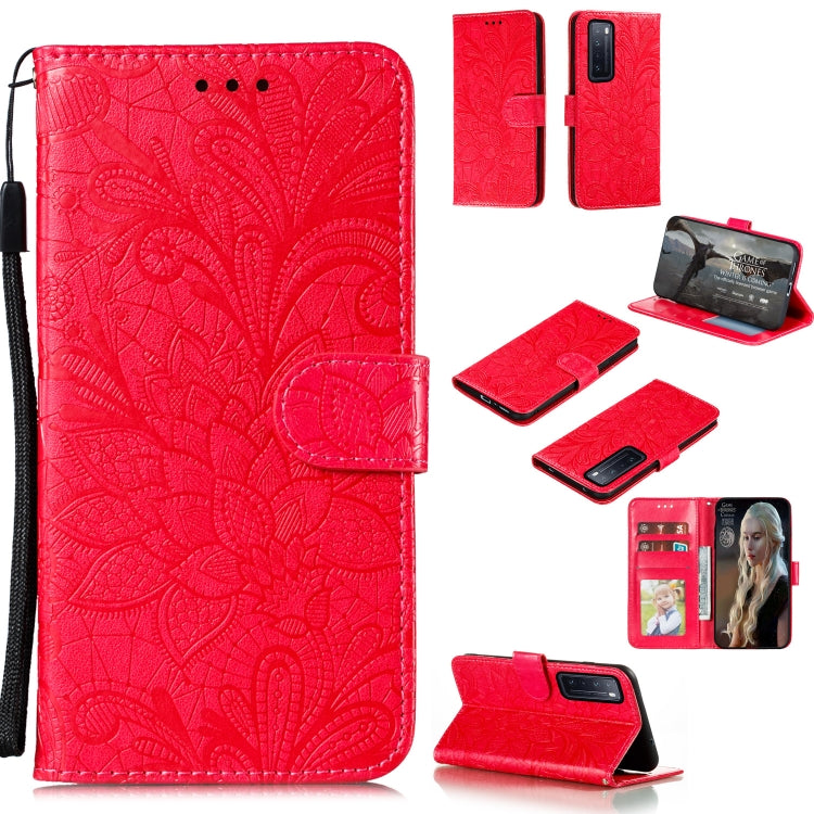 Embossed floral wallet phone case with card slots and lanyard, red, accessory layout