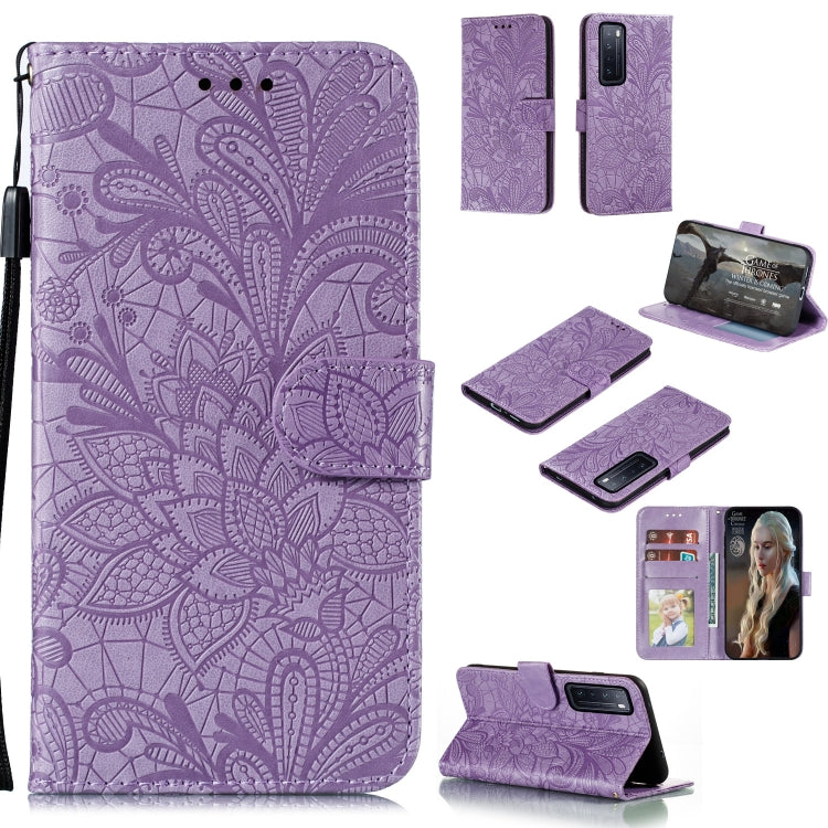 Purple embossed lace floral leather phone wallet case with card slots and stand