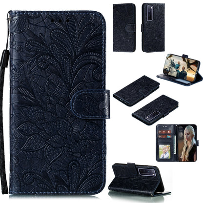 Dark navy embossed lace floral leather phone wallet case with card slots and stand