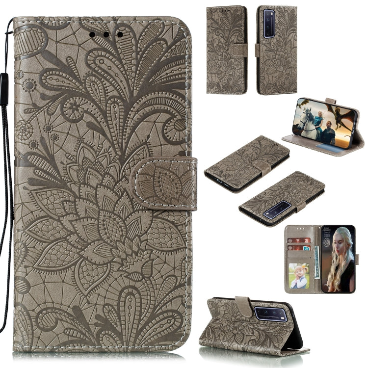 Taupe embossed lace floral leather phone wallet case with card slots and stand