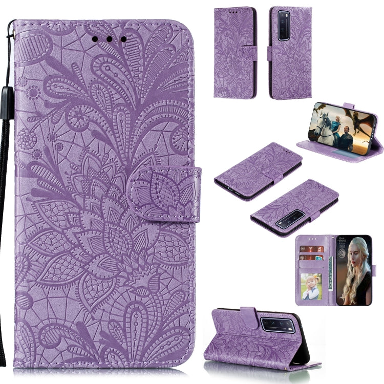 Purple embossed lace floral leather phone wallet case with card slots and stand