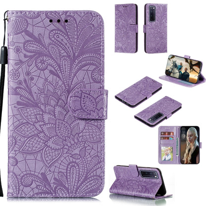 Purple embossed lace floral leather phone wallet case with card slots and stand