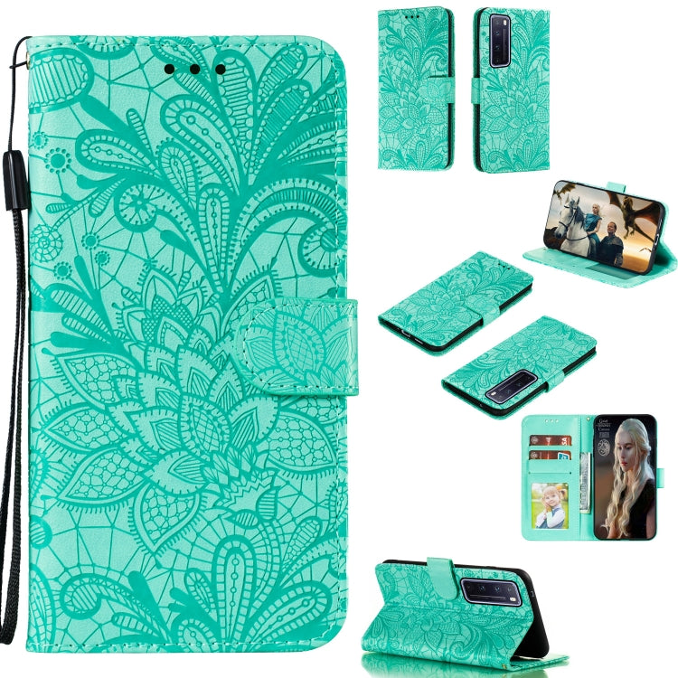 Teal embossed lace floral leather phone wallet case with card slots and stand