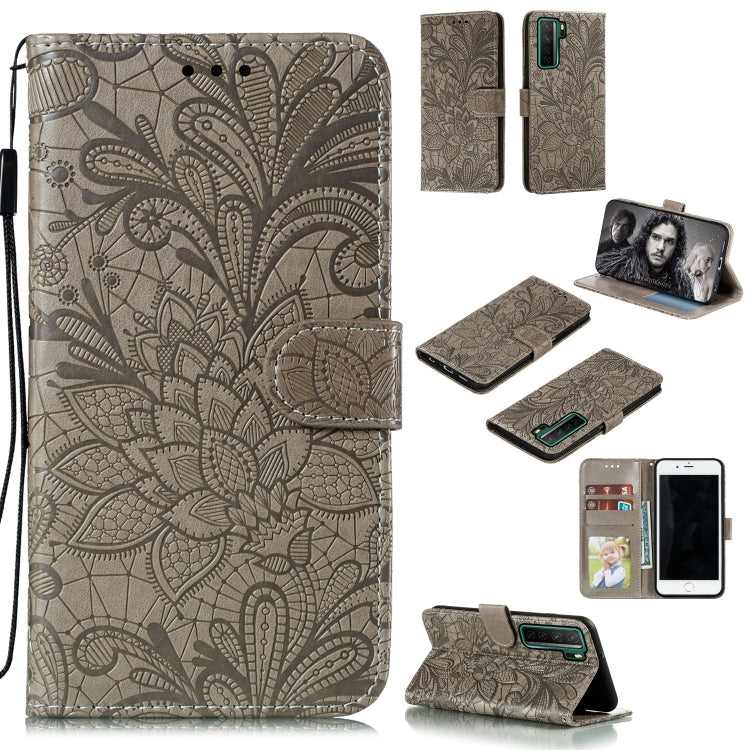 Taupe embossed lace floral leather phone wallet case with card slots and stand