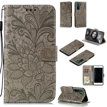 Taupe embossed lace floral leather phone wallet case with card slots and stand