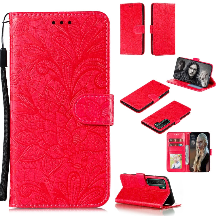 Red floral embossed wallet phone case with card slots and lanyard strap