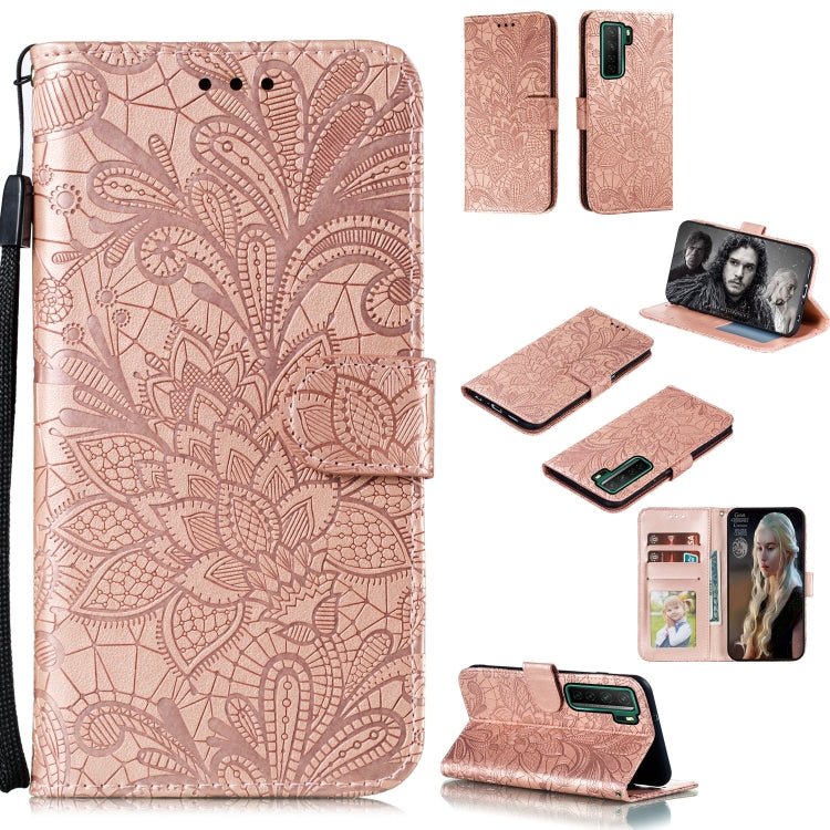 Rose gold floral embossed wallet phone case with card slots and lanyard strap