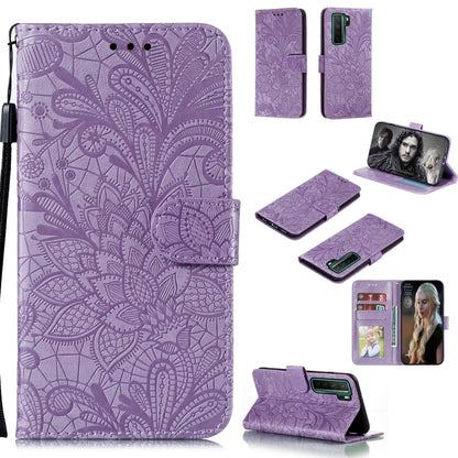 Purple floral embossed wallet phone case with card slots and lanyard strap