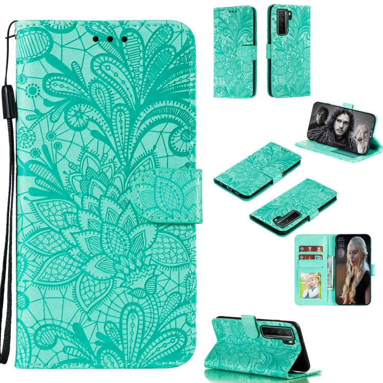 Teal floral embossed wallet phone case with card slots and lanyard strap