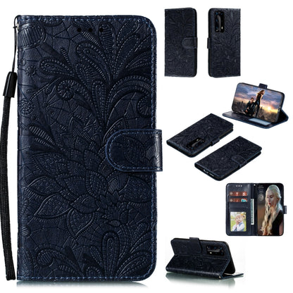 Dark navy floral embossed wallet phone case with card slots and lanyard strap