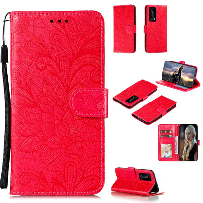 Red floral embossed wallet phone case with card slots and lanyard strap