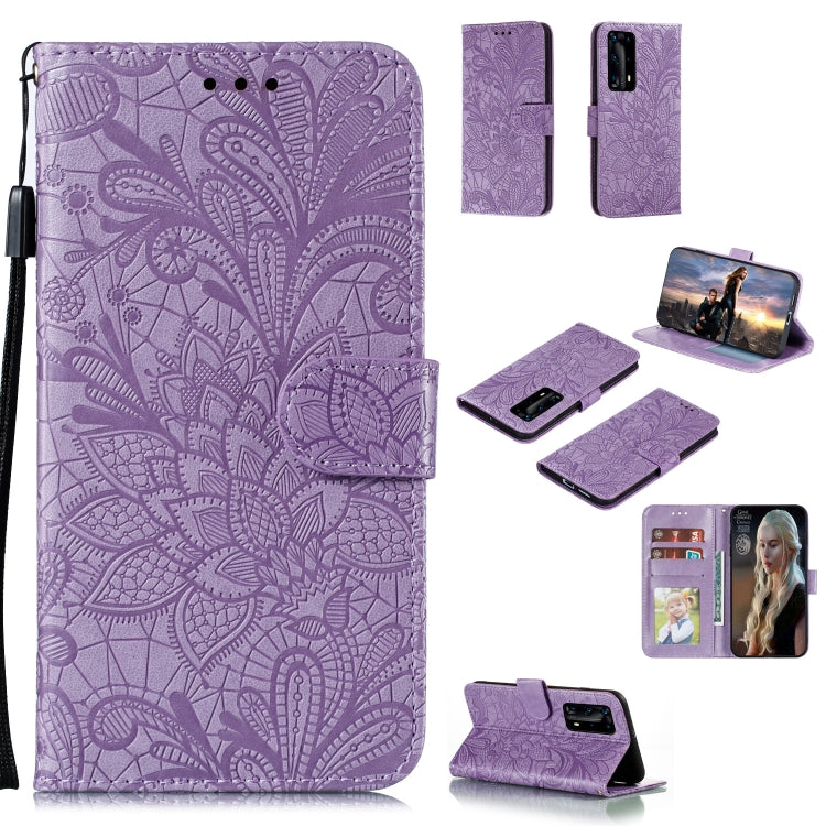 Purple floral embossed wallet phone case with card slots and lanyard strap