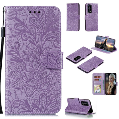 Purple floral embossed wallet phone case with card slots and lanyard strap