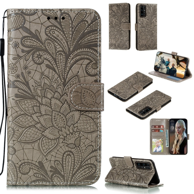 Gray leather phone wallet case, floral lace emboss, lanyard, card slots