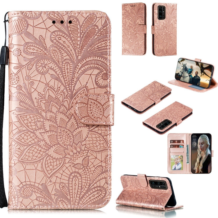 Rose pink leather phone wallet case, floral lace emboss, lanyard, card slots