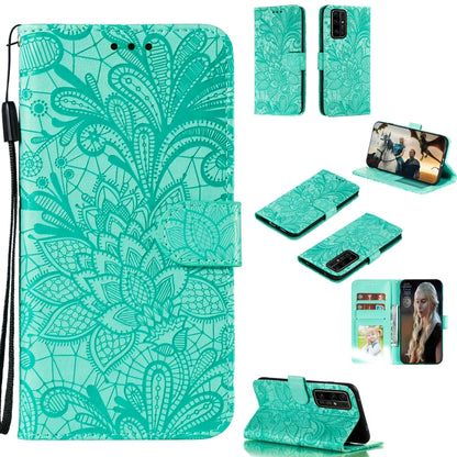 Teal leather phone wallet case, floral lace emboss, lanyard, card slots