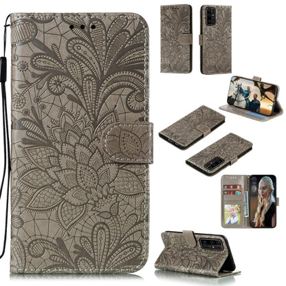 Gray folio leather case with floral lace emboss, lanyard strap and card slots