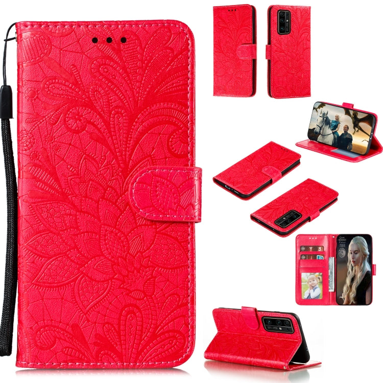 Bright red leather folio case with floral lace emboss, lanyard and card slots