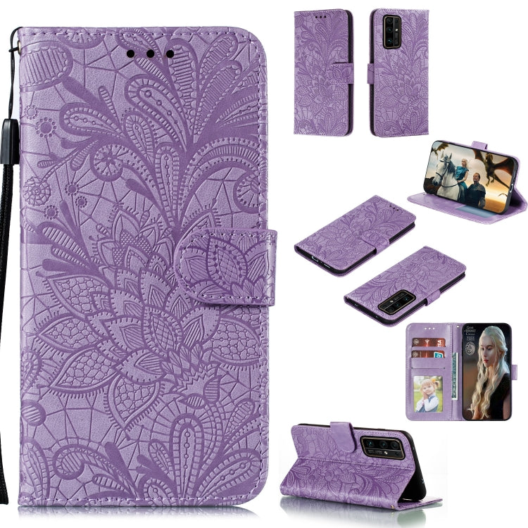 Purple lace-embossed leather wallet phone case with flip cover, card slots, lanyard